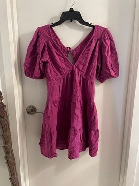Xirena XS Magenta Nissa cotton gauze tiered back tie deep V-Neck mini Dress